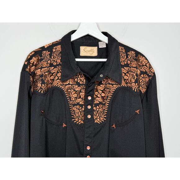 Scully Embroidered Gunfighter Long Sleeve Snap Western Shirt Black Copper XXL - Picture 3 of 9